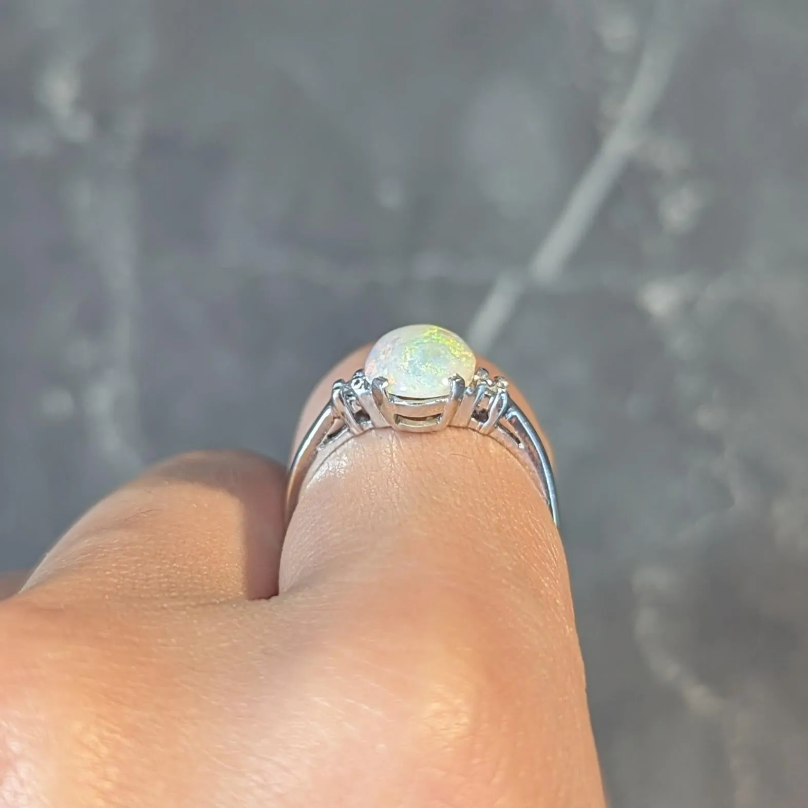 Contemporary Opal Diamond 14 Karat White Gold Three Stone Ring