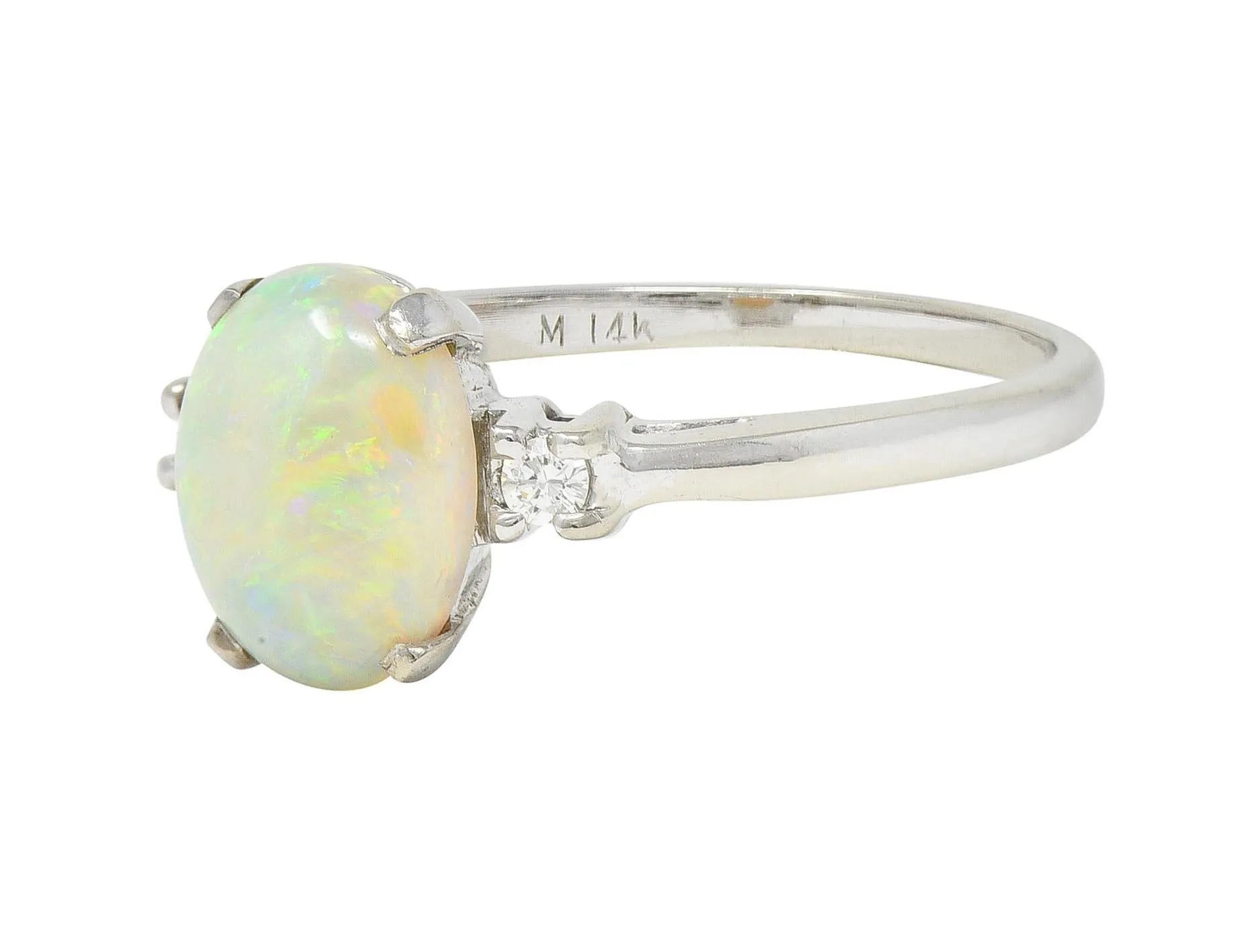 Contemporary Opal Diamond 14 Karat White Gold Three Stone Ring