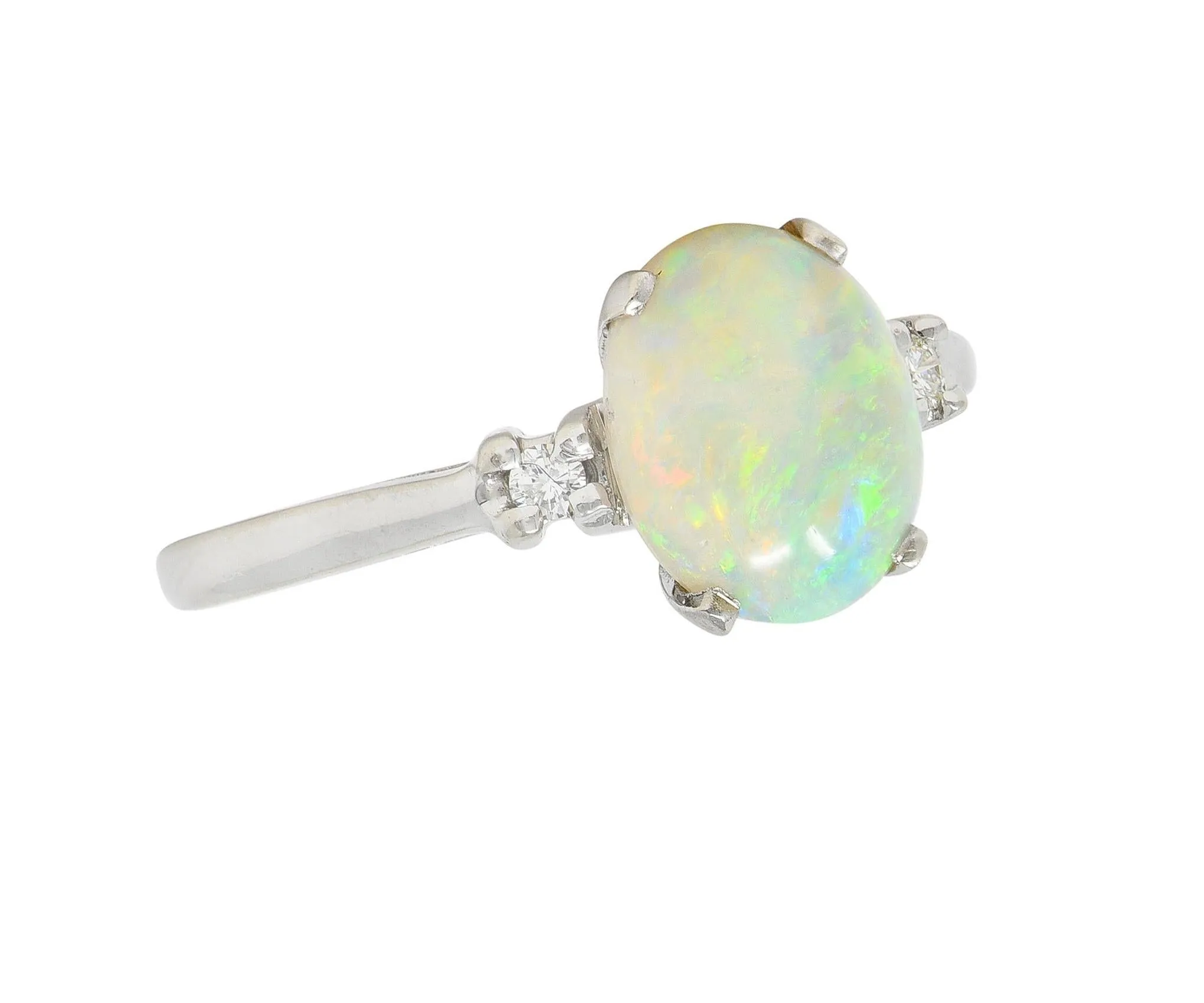 Contemporary Opal Diamond 14 Karat White Gold Three Stone Ring