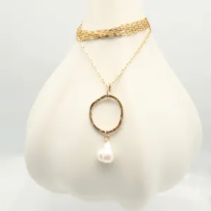 Ellipse Collection:  Bold Gold Ellipse Long Necklace & Keshi Pearl