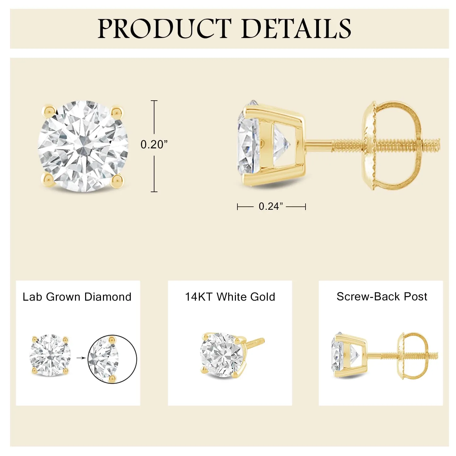 Everyday Elegance 14K Solid Yellow Gold Classic Four Prong Stud Earrings | Round Cut Lab Grown Diamond | Screw Back Posts | 2.0 CTW (E-F Color, VS2-SI1 Clarity) | With Gift Box