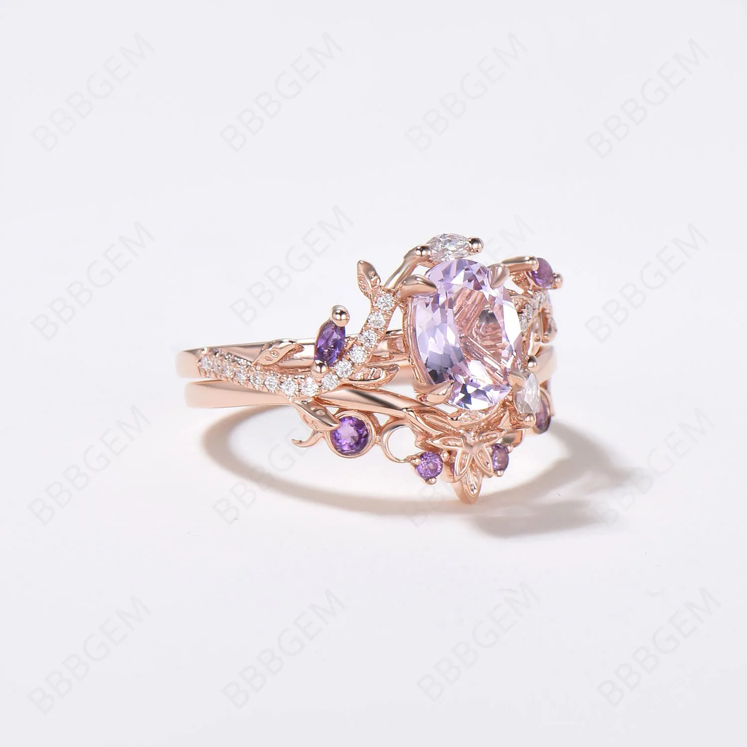 Exquisite 14K Rose Gold Bridal Set with 6x8mm Oval Lavender Amethyst