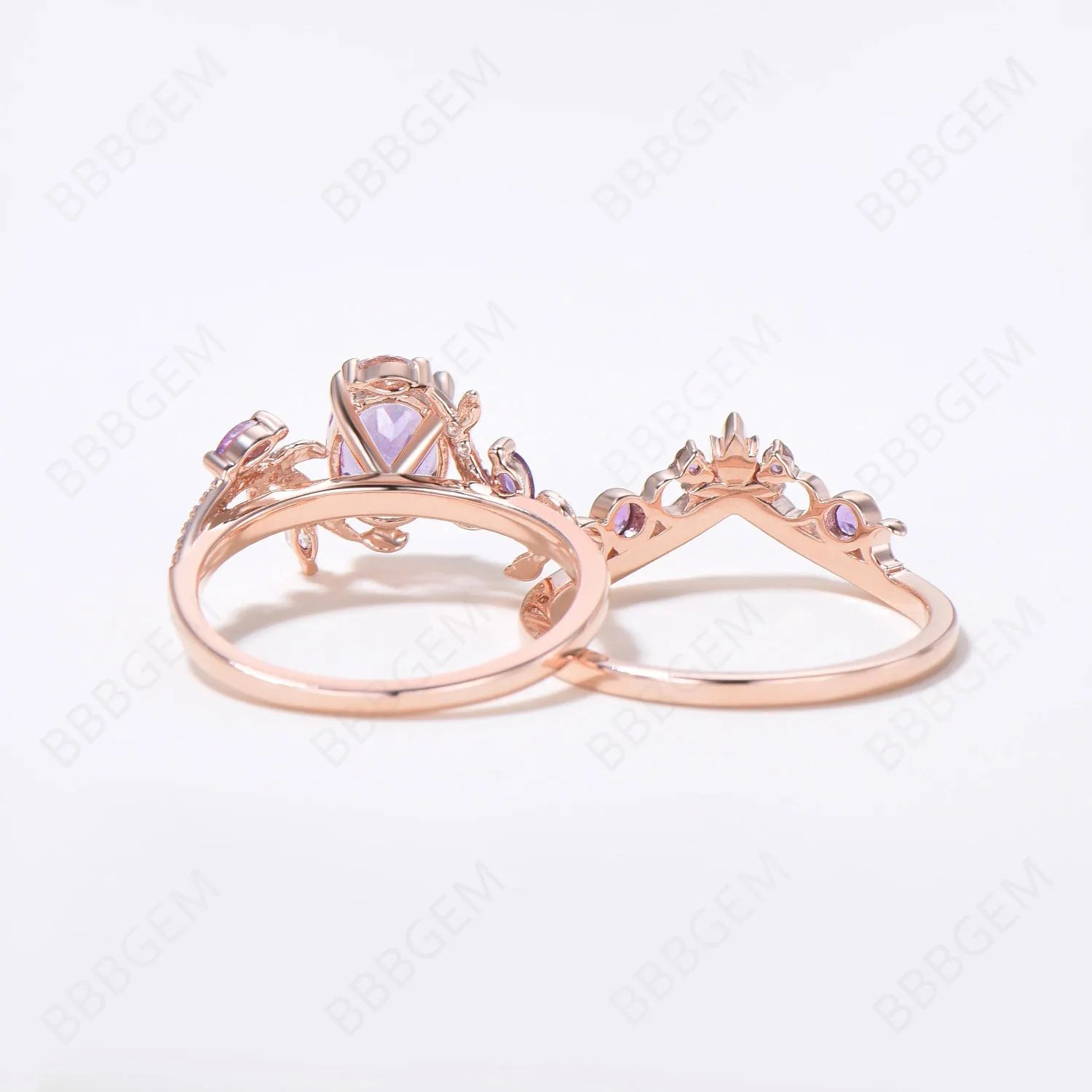 Exquisite 14K Rose Gold Bridal Set with 6x8mm Oval Lavender Amethyst