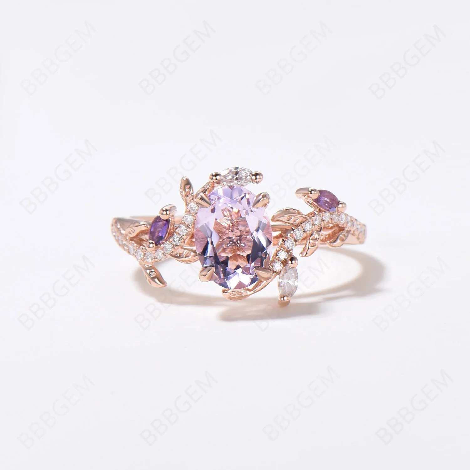 Exquisite 14K Rose Gold Bridal Set with 6x8mm Oval Lavender Amethyst