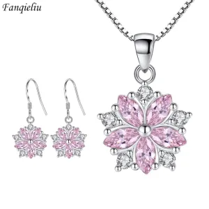 Fanqieliu Stamp 925 Silver Needle Vintage Flower Earrings and Crystal Pendant Necklace Jewelry Set for Women