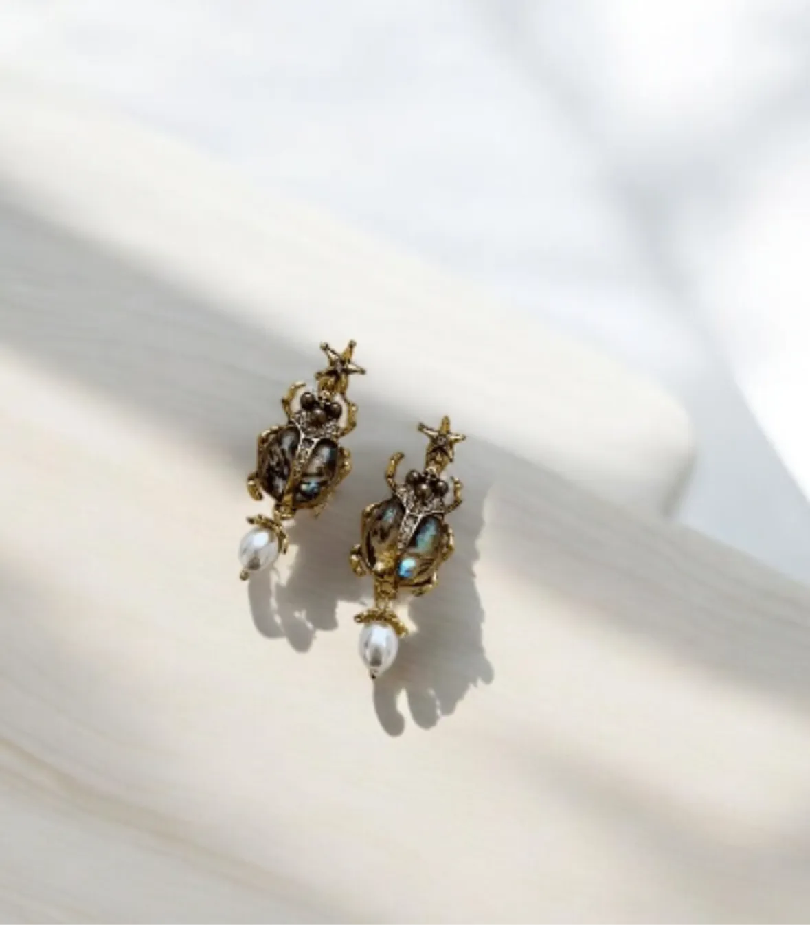 Fauna - Golden beetle earrings | colourful stone earrings with pearls | gold beetle flying insect statement earrings | modern retro earrings