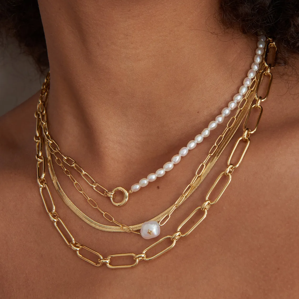 Gold Pearl Chunky Link Chain Necklace