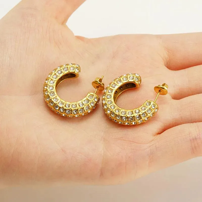 Gold-Plated Copper Hoop Earrings with Zircon Crystals – Classic Sparkling Earrings