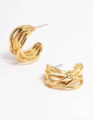 Gold Plated Layered Crossover Hoop Earrings