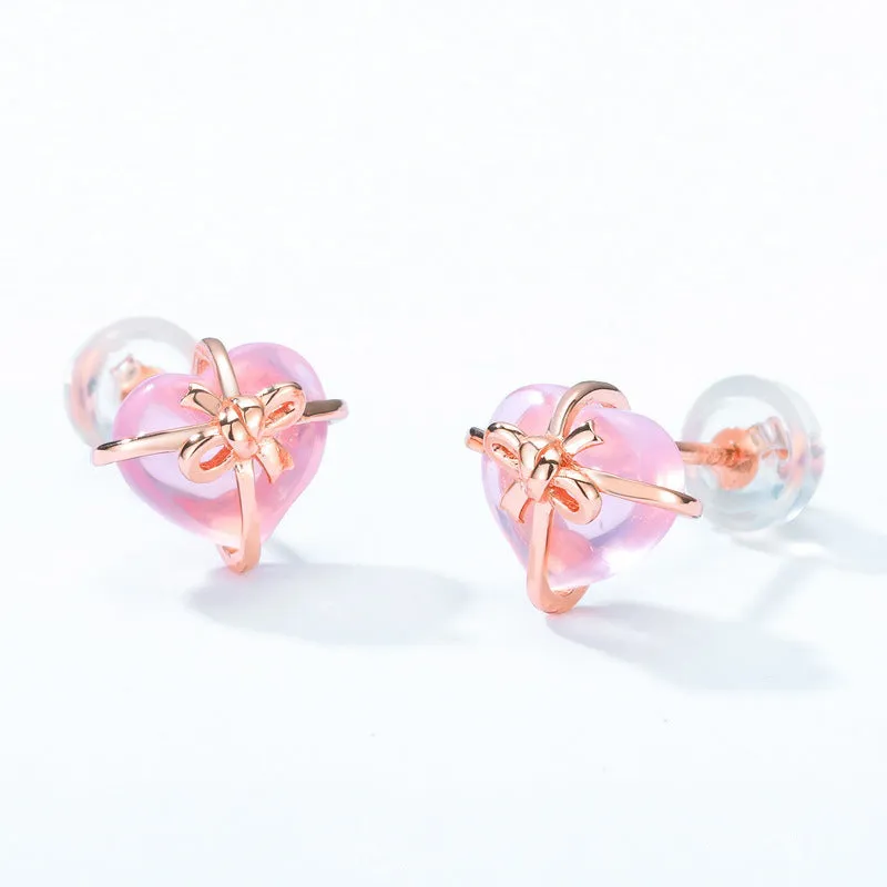 Heart Shape Pink Crystal Bowknot Silver Stud Earrings