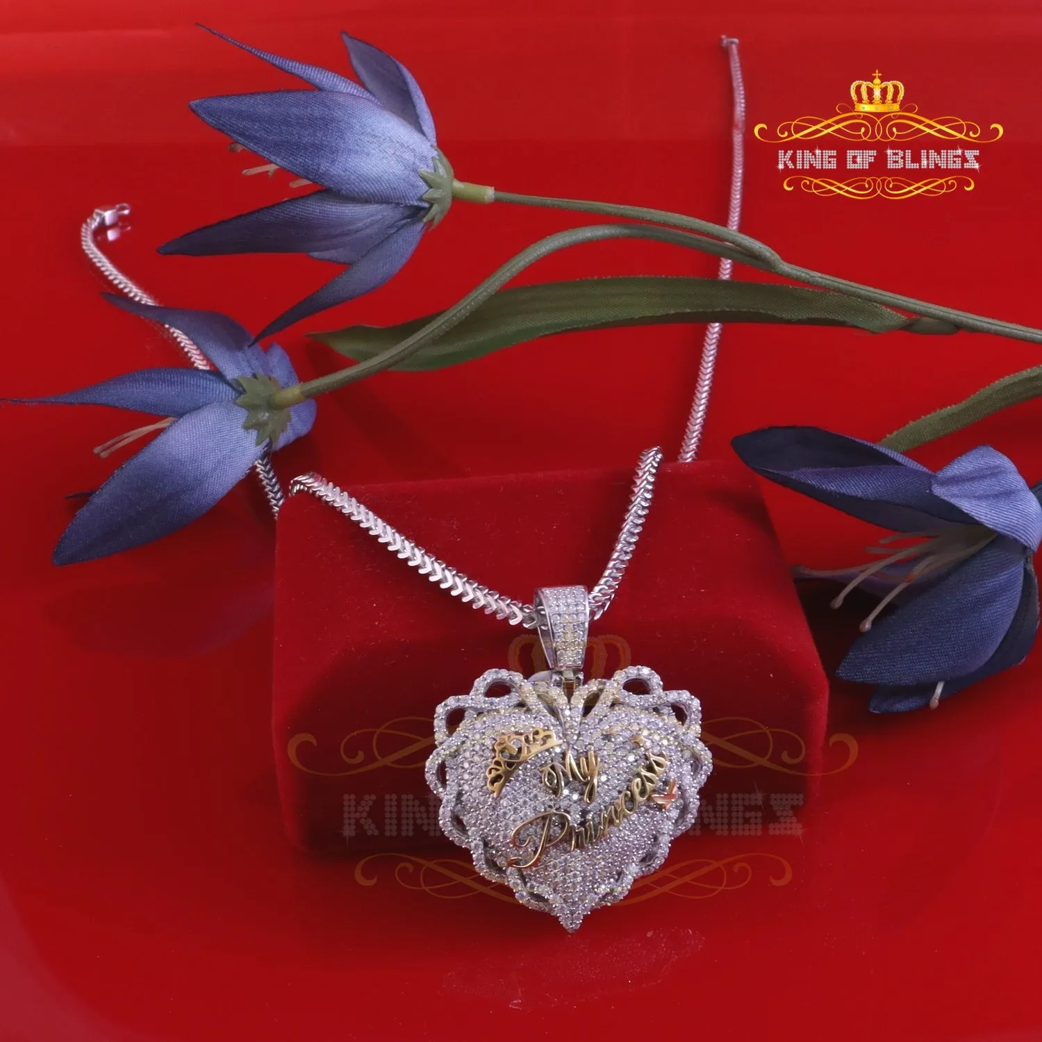 King Of Bling's King's Sterling Silver White "MY PRINCESS" Heart Pendant 6.00ct Real Moissanite