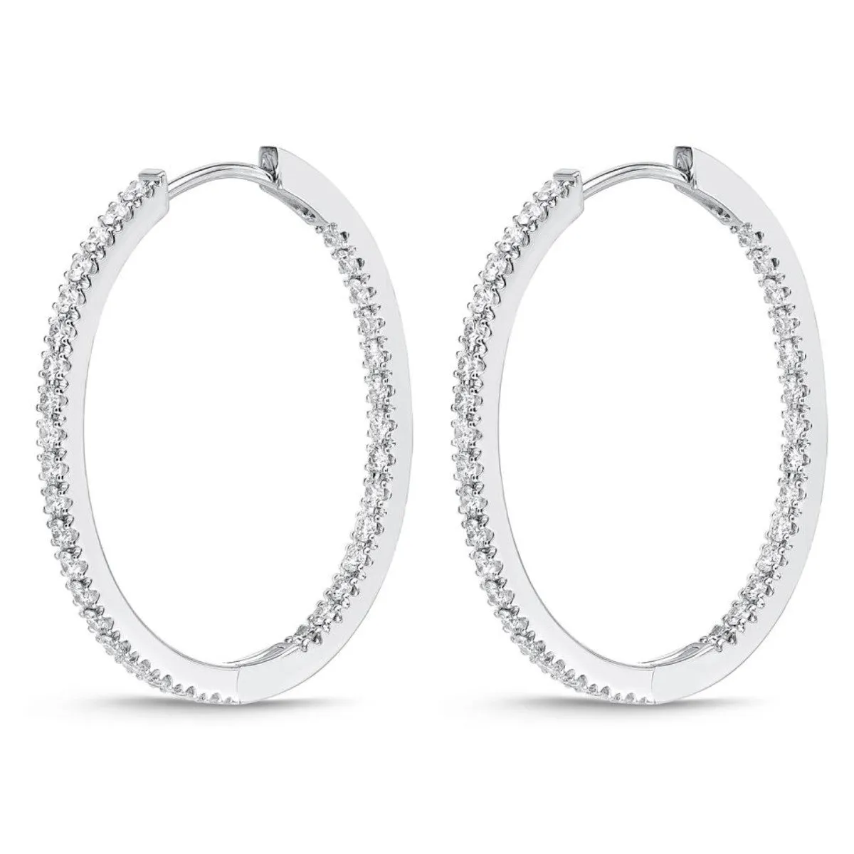 Memoire 18k White Gold Oval Hinged Diamond Hoop Earrings