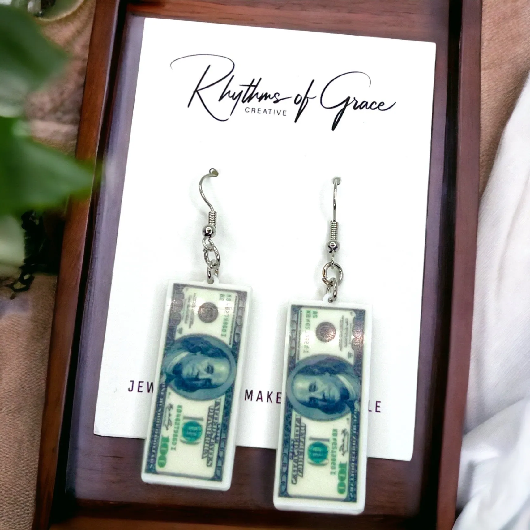 Money Earrings - Benjamin Earrings, One Hundred Dollars, Money Jewelry, Handmade Jewelry, Handmade Earrings, Hundred Dollar Bill