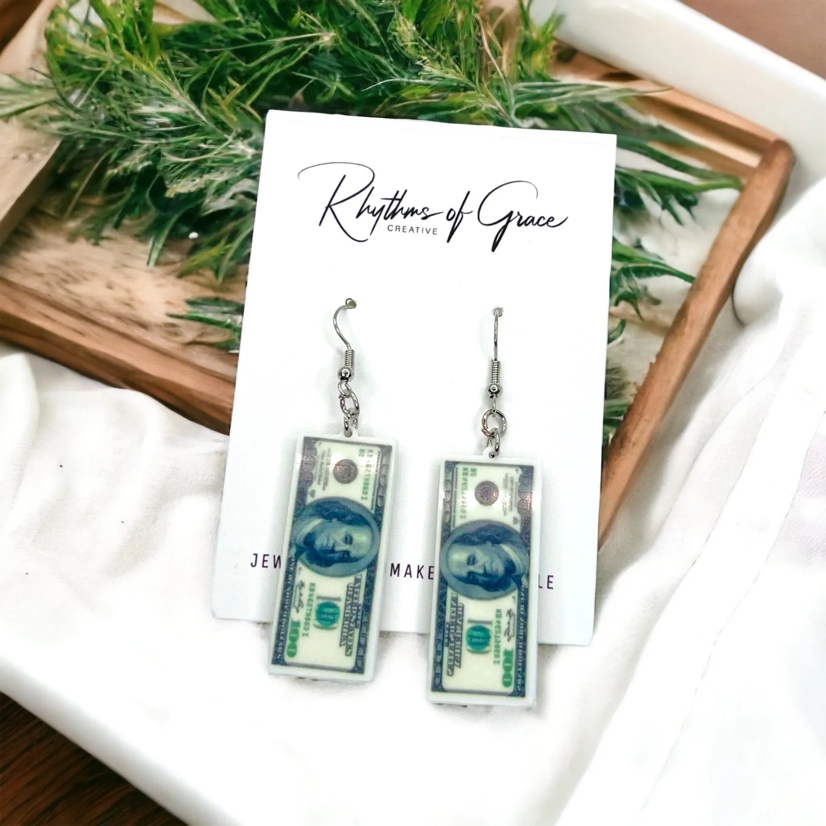 Money Earrings - Benjamin Earrings, One Hundred Dollars, Money Jewelry, Handmade Jewelry, Handmade Earrings, Hundred Dollar Bill