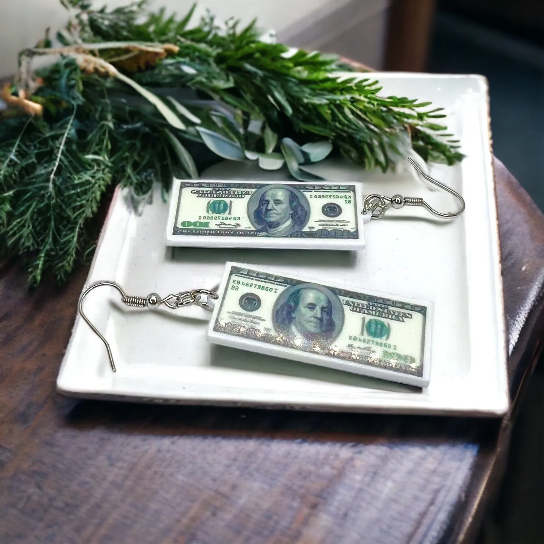 Money Earrings - Benjamin Earrings, One Hundred Dollars, Money Jewelry, Handmade Jewelry, Handmade Earrings, Hundred Dollar Bill