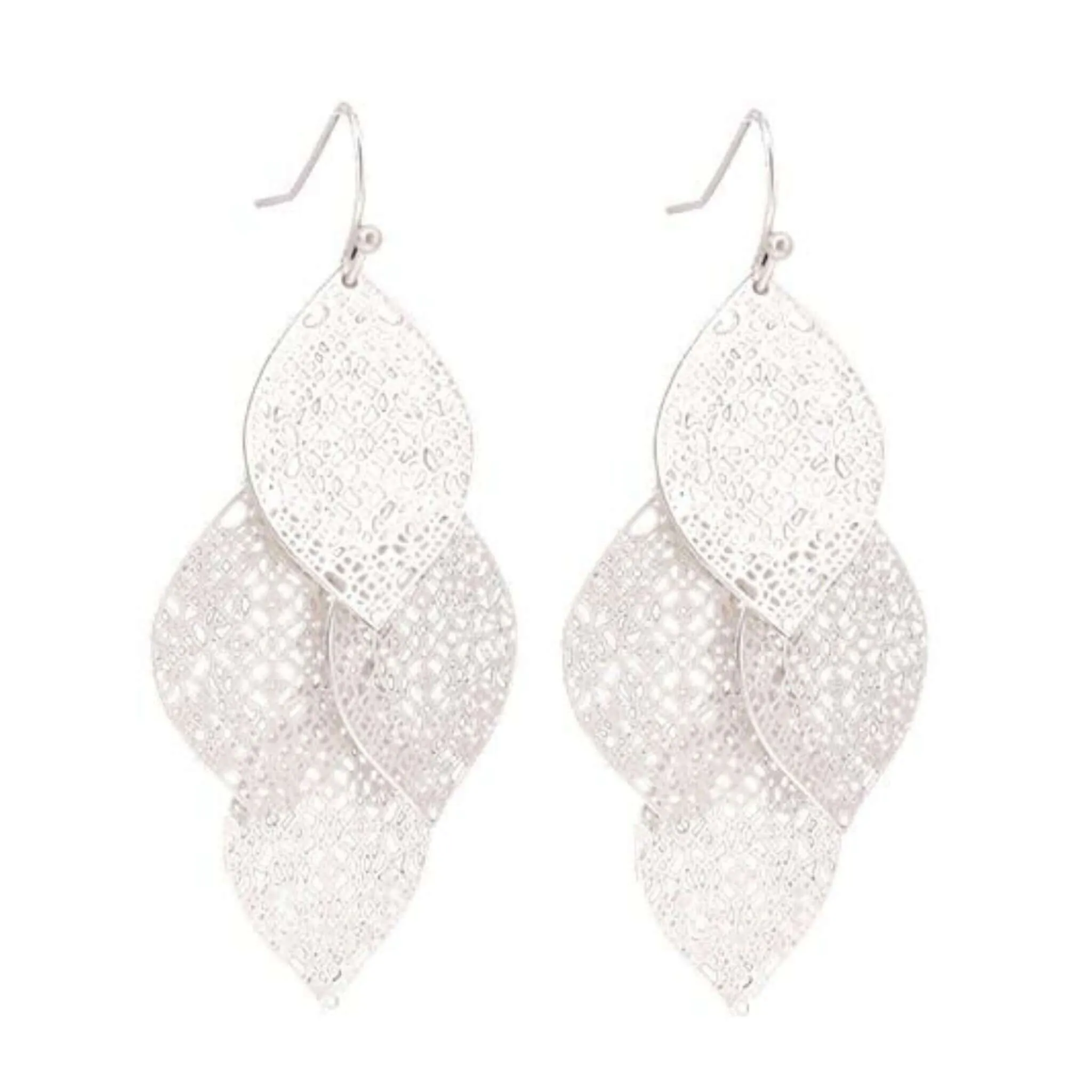 Multi-Layer Filigree Silver Leaf Chandelier Earrings