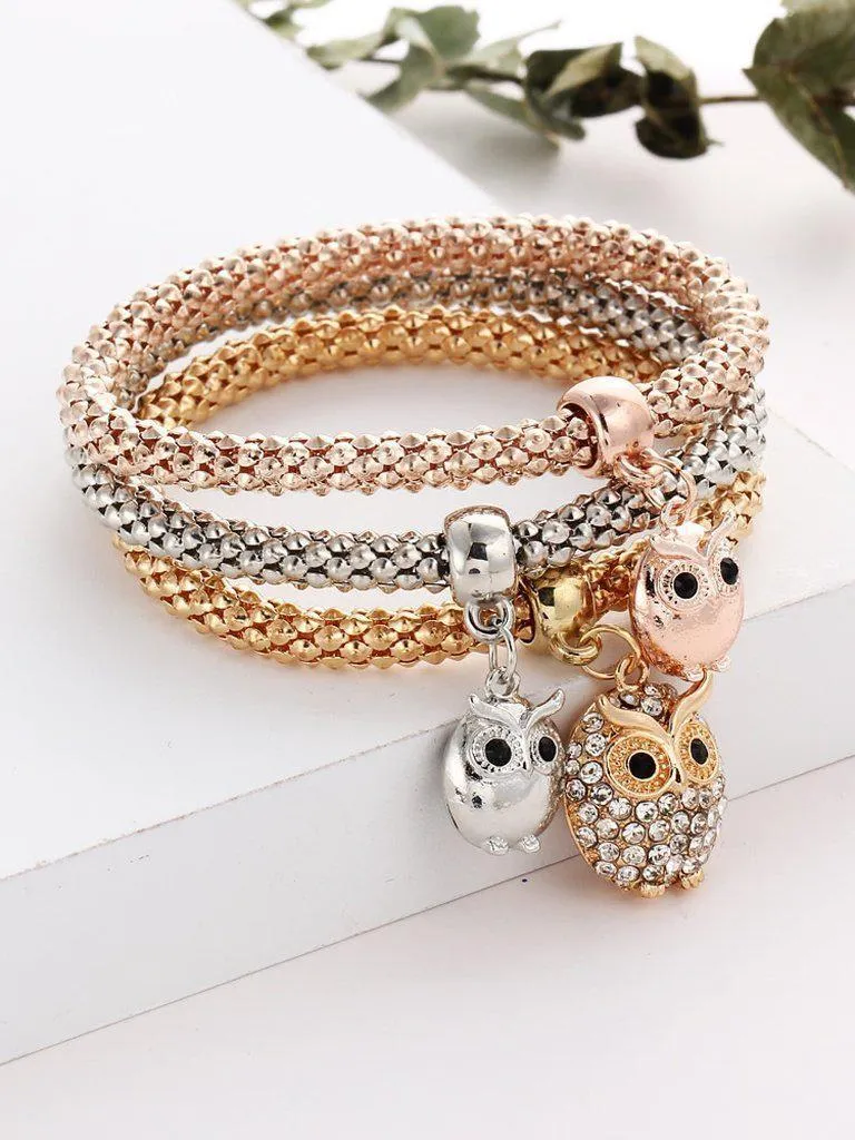 Multicolor Owl Charm Bracelet 3Pcs