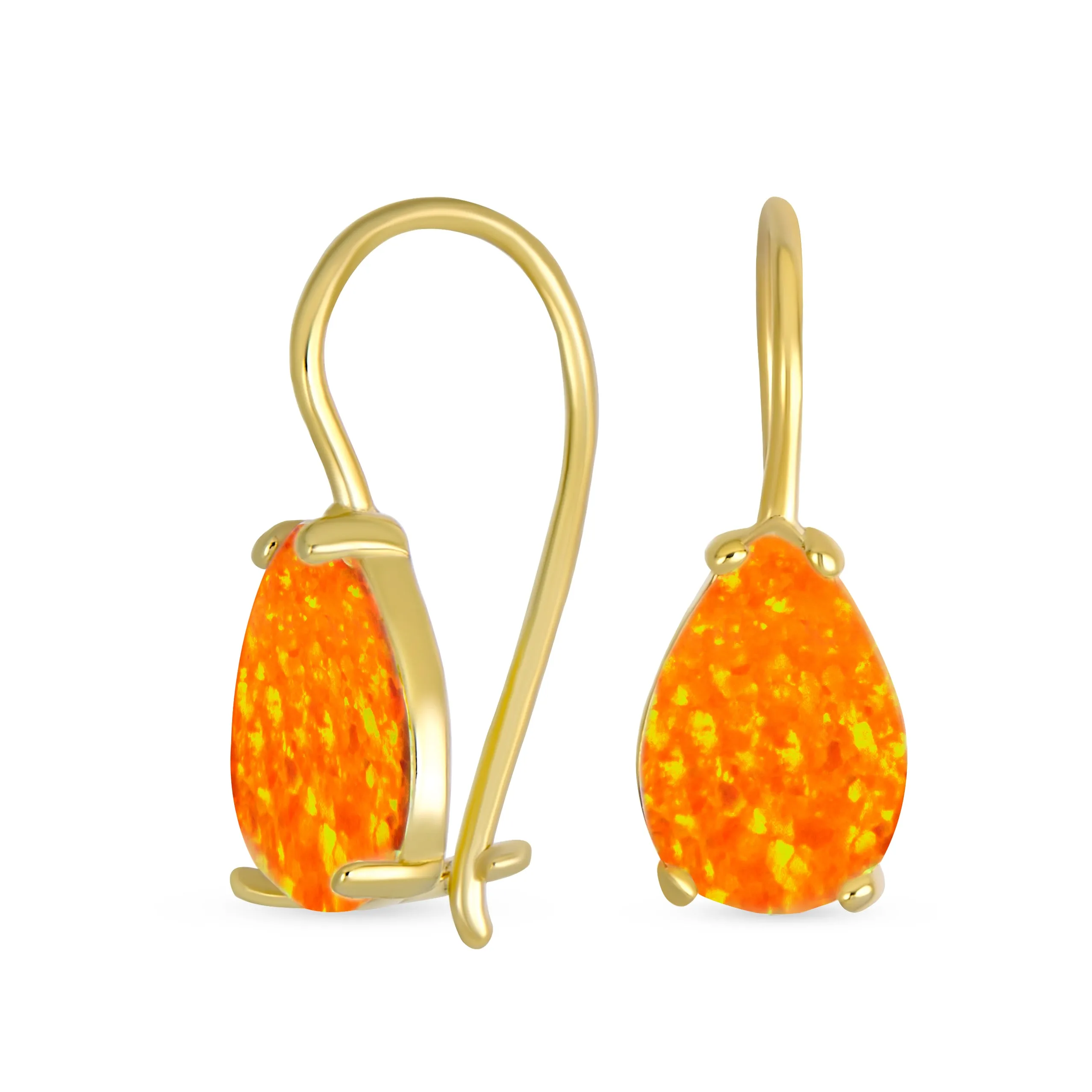 Orange White Teardrop Opal Drop Earrings Gold Plated Silver Fish Hook