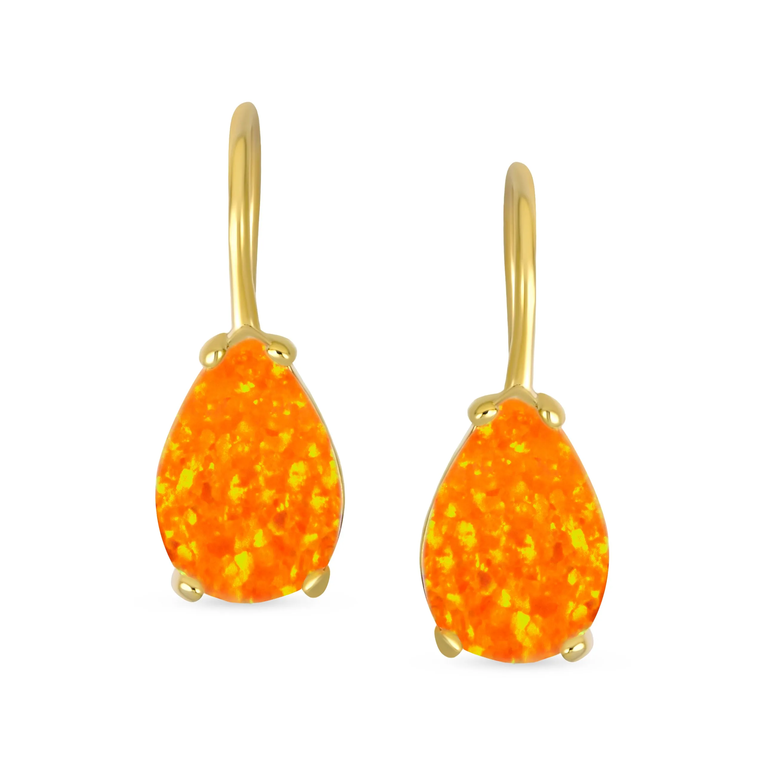 Orange White Teardrop Opal Drop Earrings Gold Plated Silver Fish Hook