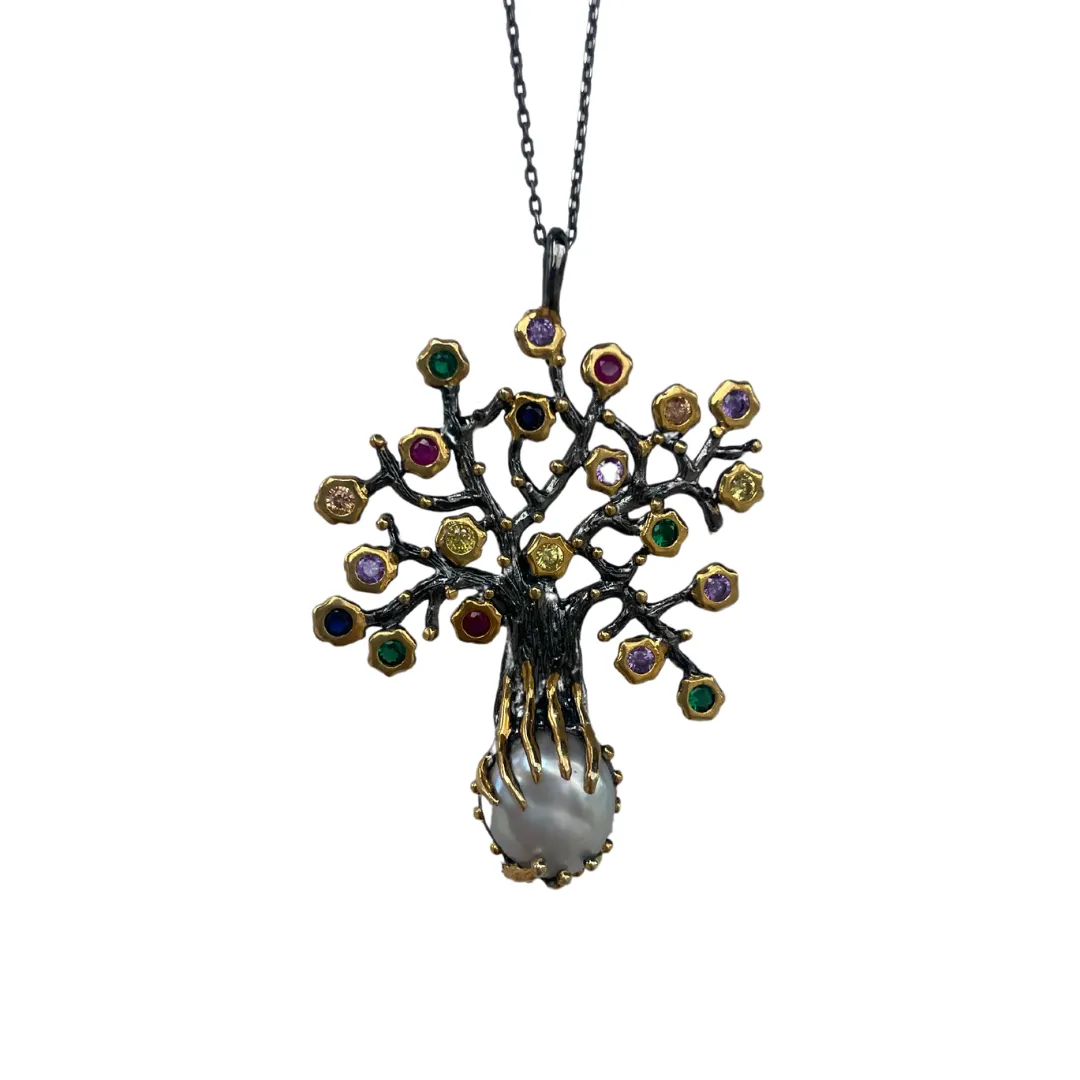 Pearl and Multi-Stone Silver Gun metal finish Tree of Life