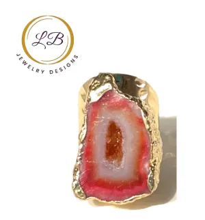 Pink Geode Druzy Adjustable Gold Cigar Ring