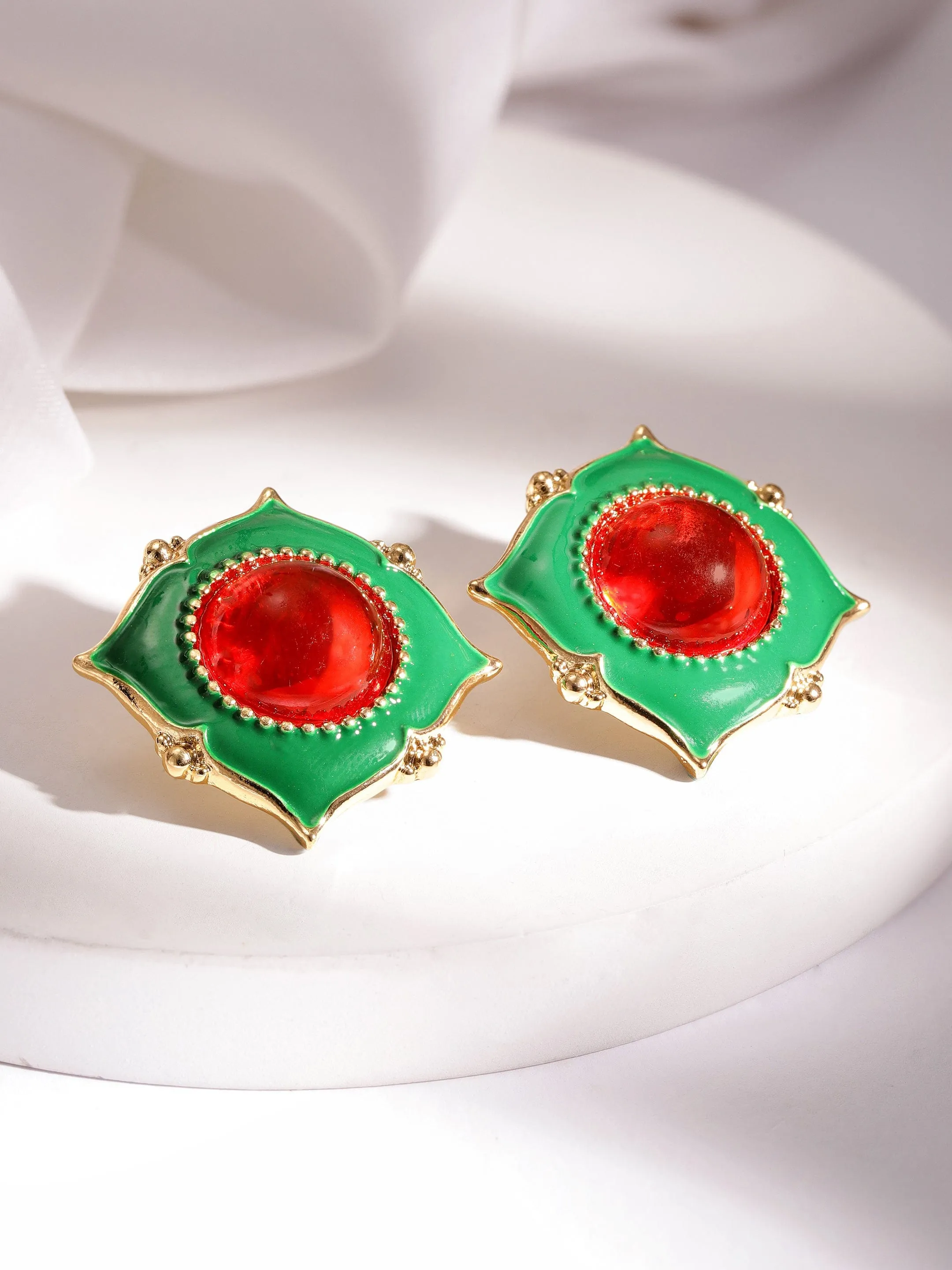 Rubans 18K Gold-Plated Red & Green Enamel Stud Earrings with Bold Statement Design