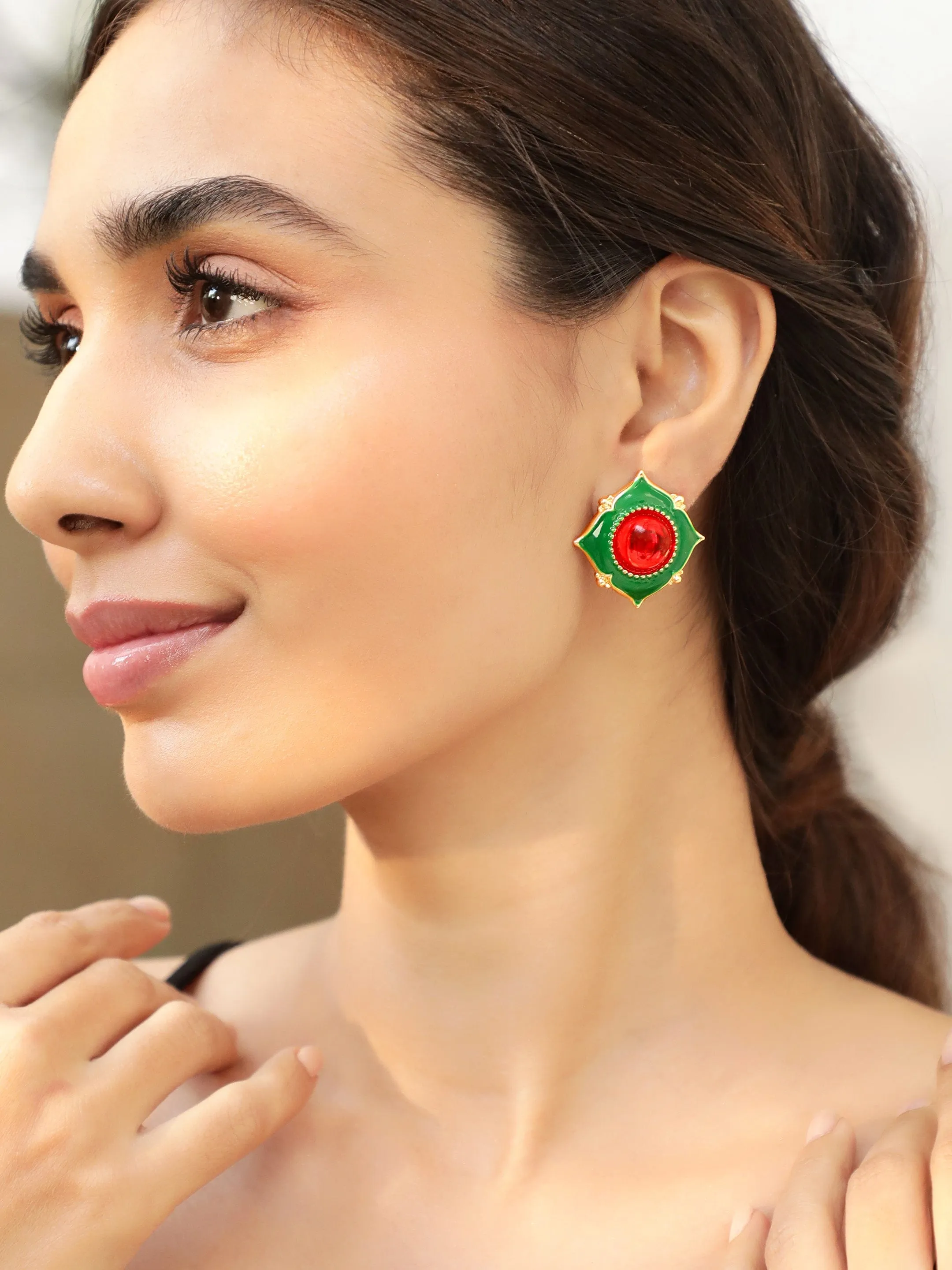 Rubans 18K Gold-Plated Red & Green Enamel Stud Earrings with Bold Statement Design