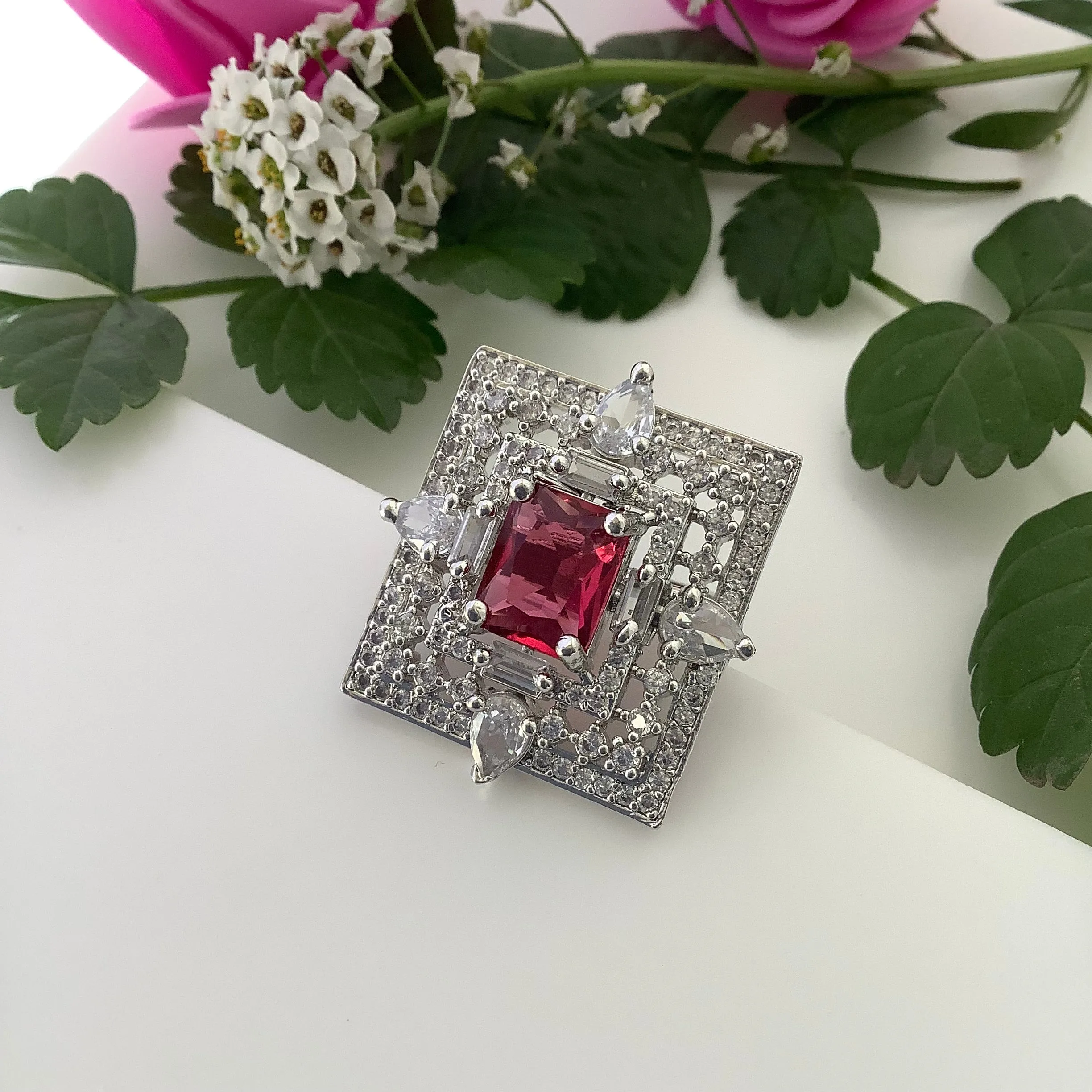 Salvanity - American Diamond Royal Square Ruby Red Finger Ring - Adjustable