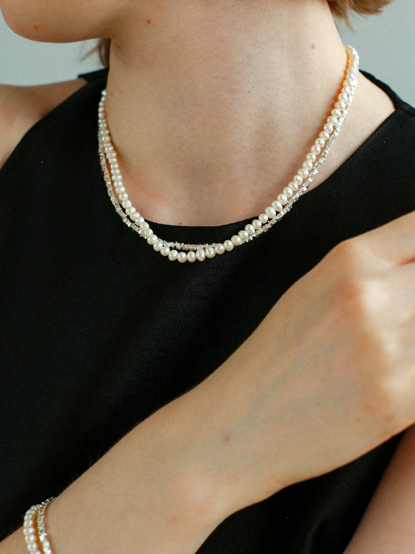 Silver Shards Double-Layer Pearl Necklace