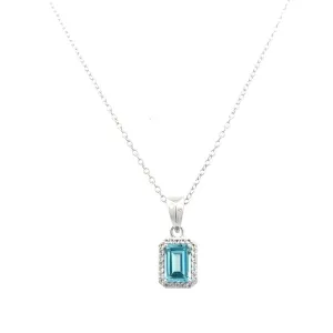 Sterling Silver Emerald Cut Blue Topaz & White Topaz Halo Necklace by Samuel B.