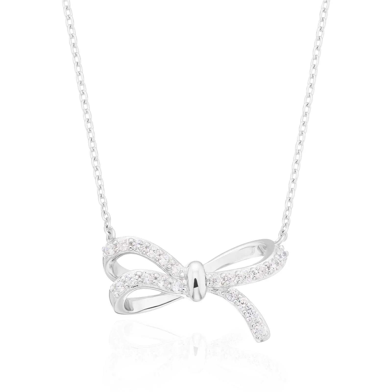 Sterling Silver Round Cut 45cm White Cubic Zirconia Bow Necklace