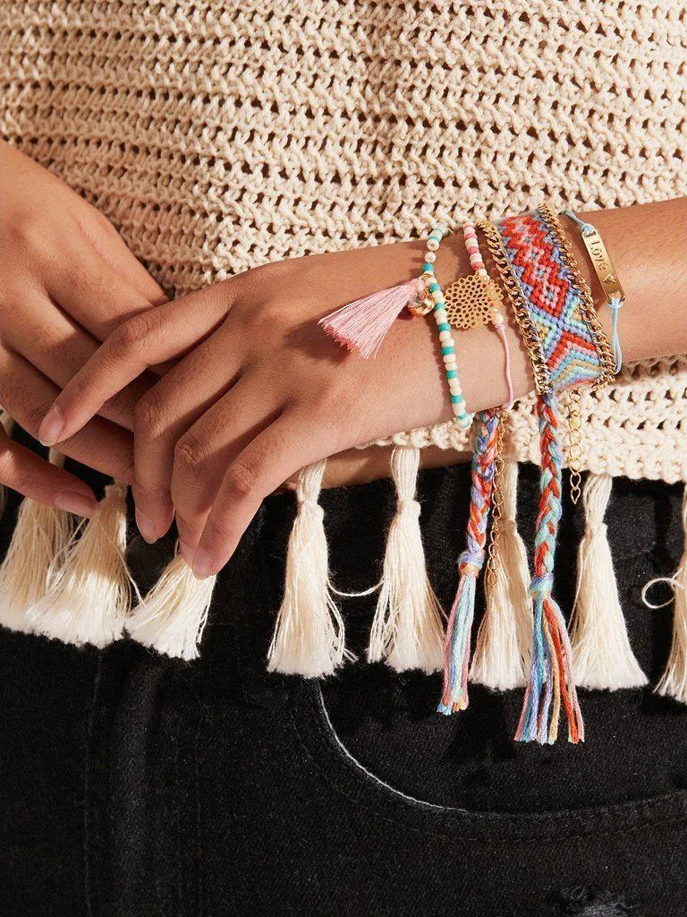 Tassel Charm Woven & Beaded Design Bracelet Set