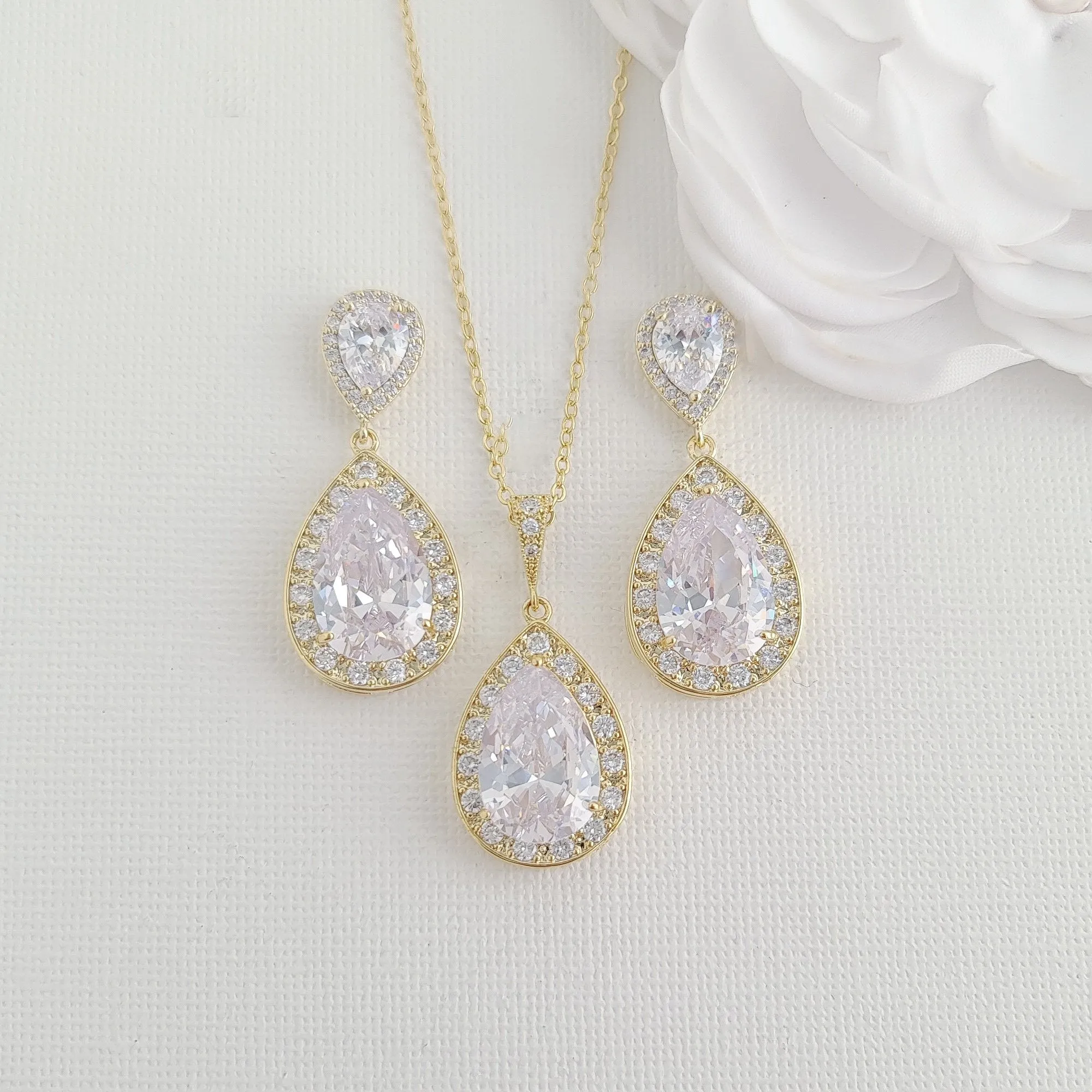 Teardrop Necklace and Earrings Wedding Jewelry Set- Evelyn