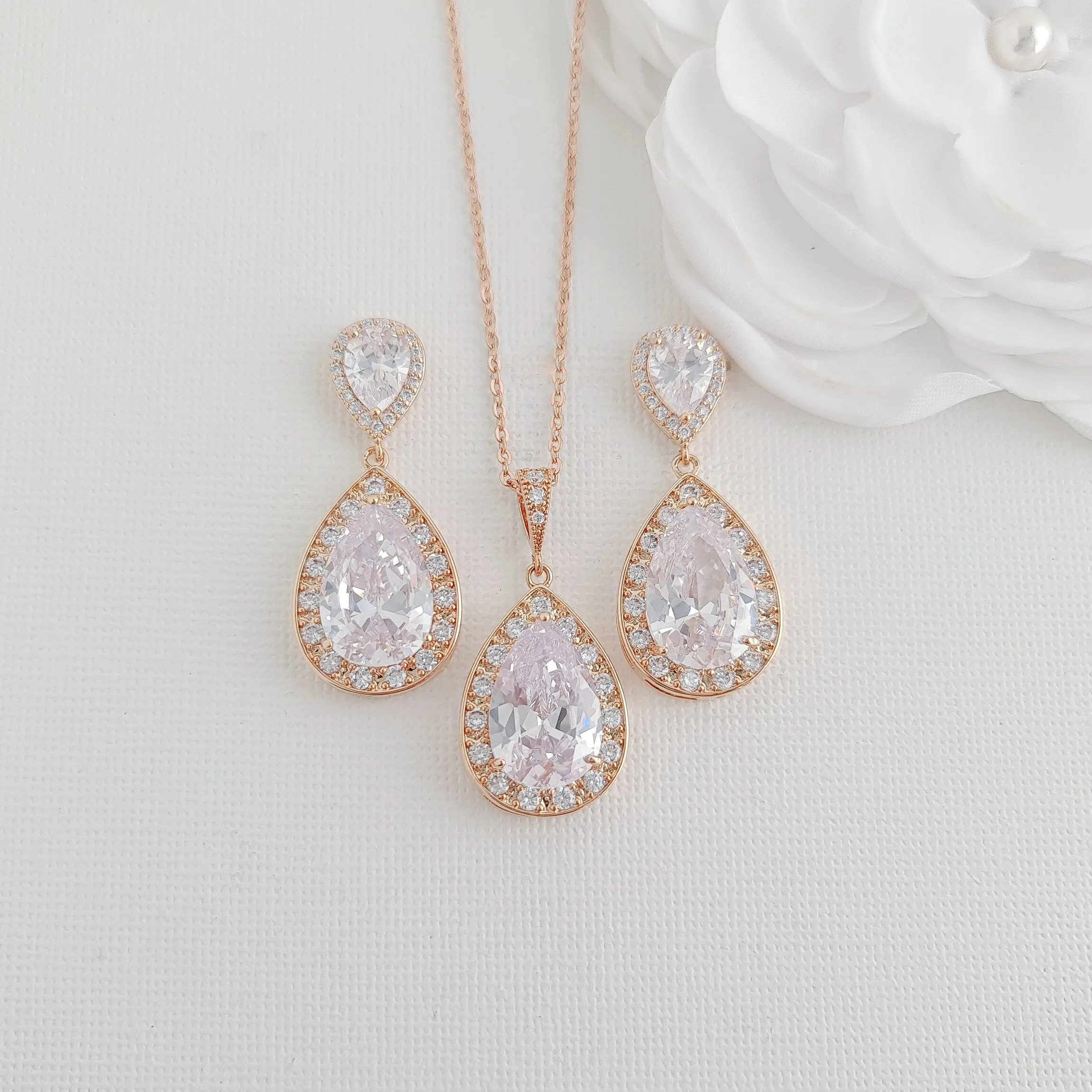 Teardrop Necklace and Earrings Wedding Jewelry Set- Evelyn