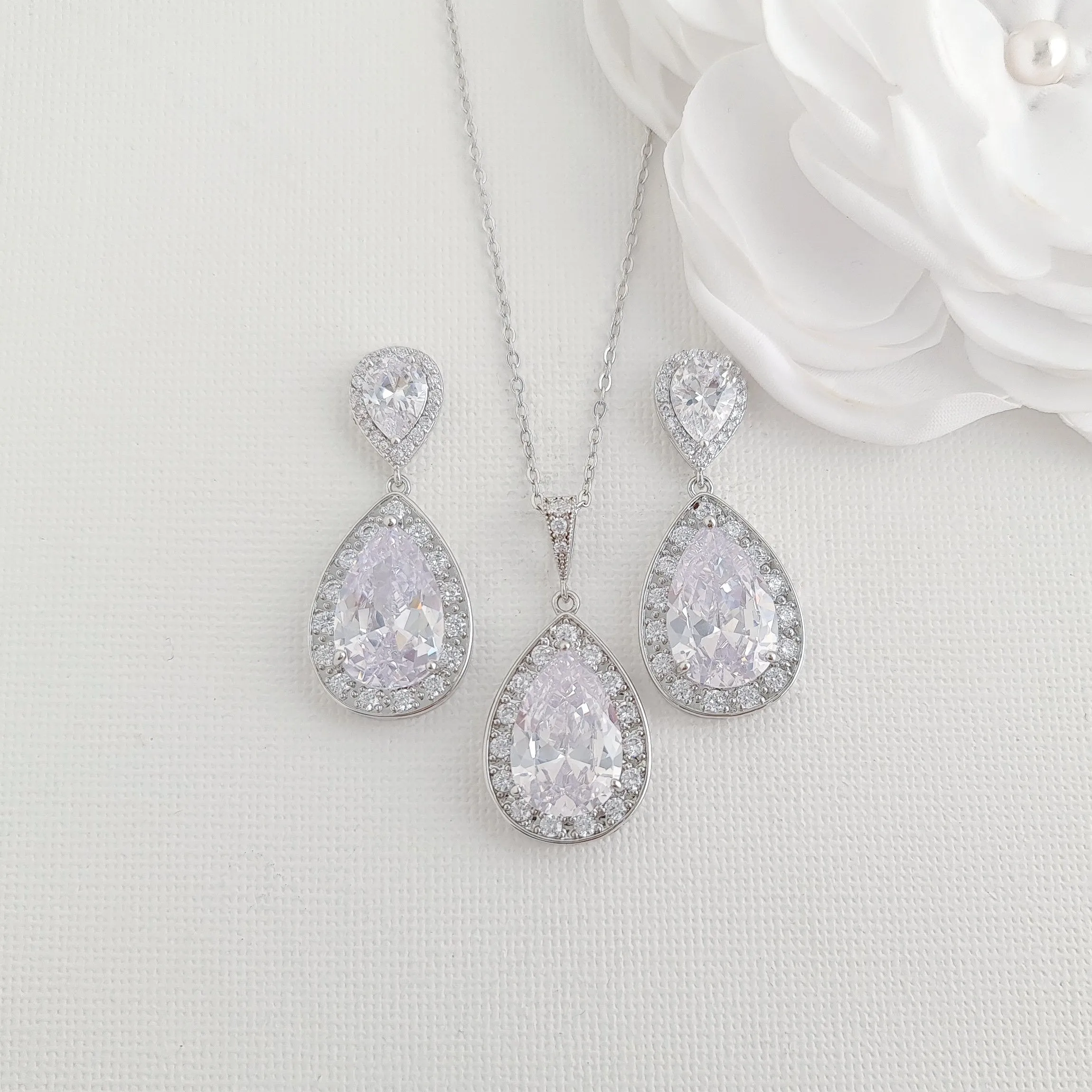 Teardrop Necklace and Earrings Wedding Jewelry Set- Evelyn