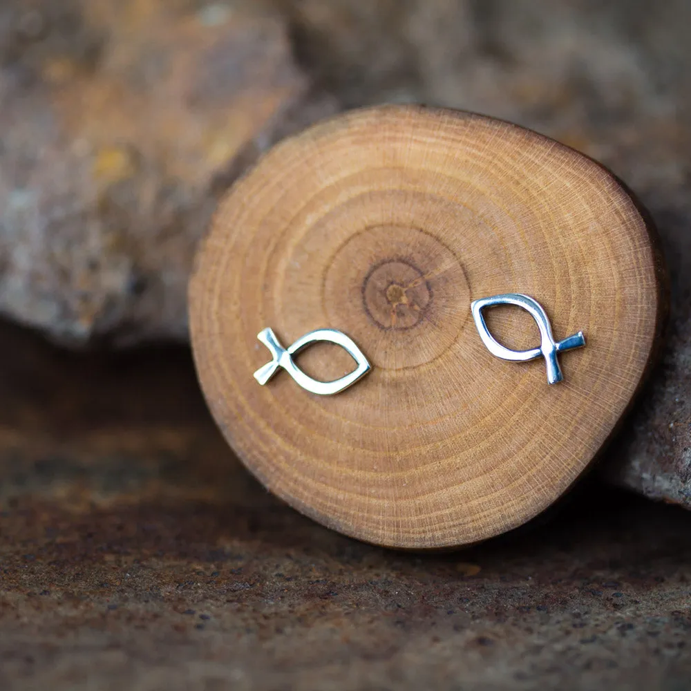 Tiny Fish Stud Earrings, Ichthus Symbol