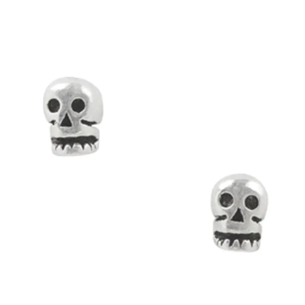 Tiny Skull Oxidized Stud Earrings - Silver