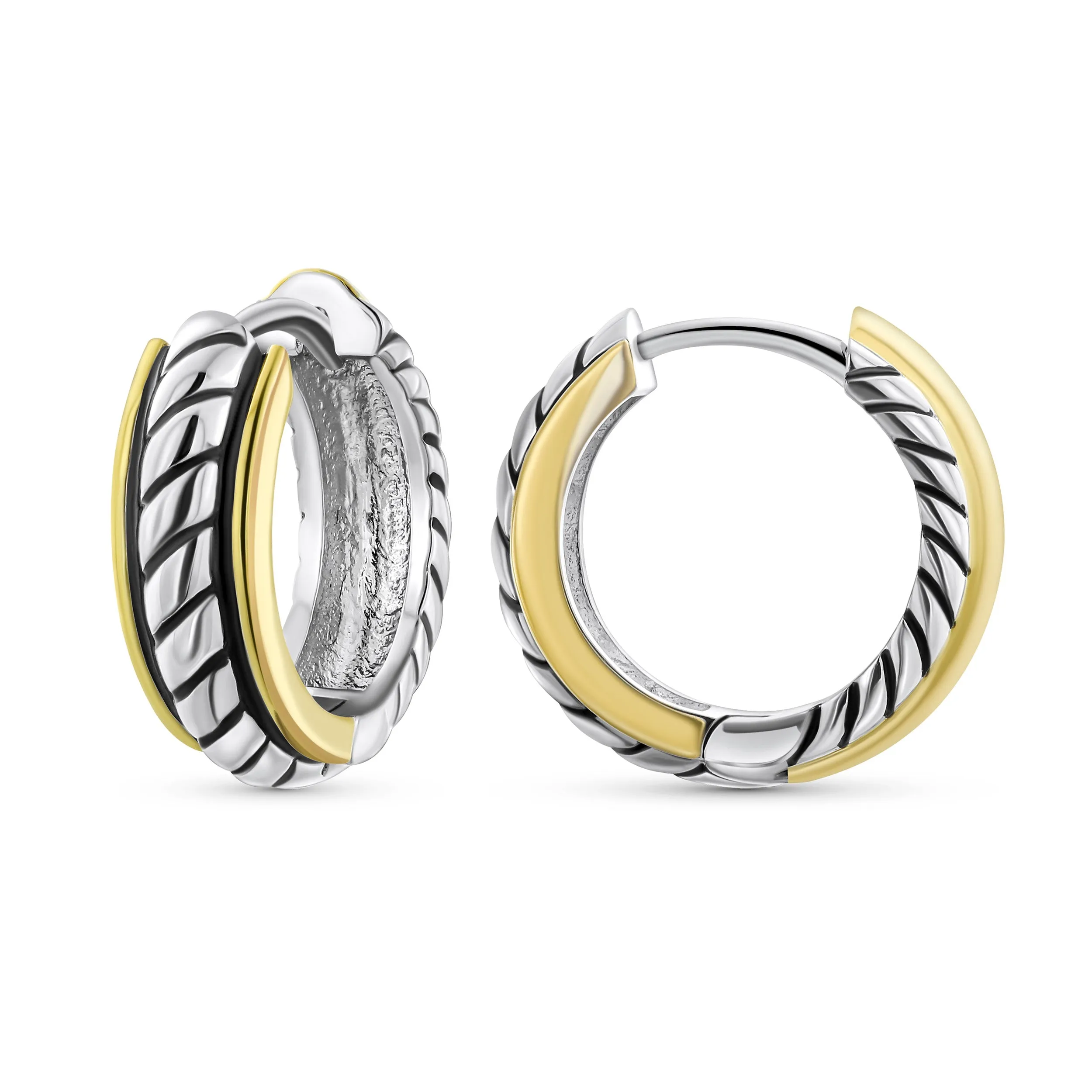 Two Tone Twist Cable Rope Hoop Huggie Earrings for Men Gold & Silver Plated