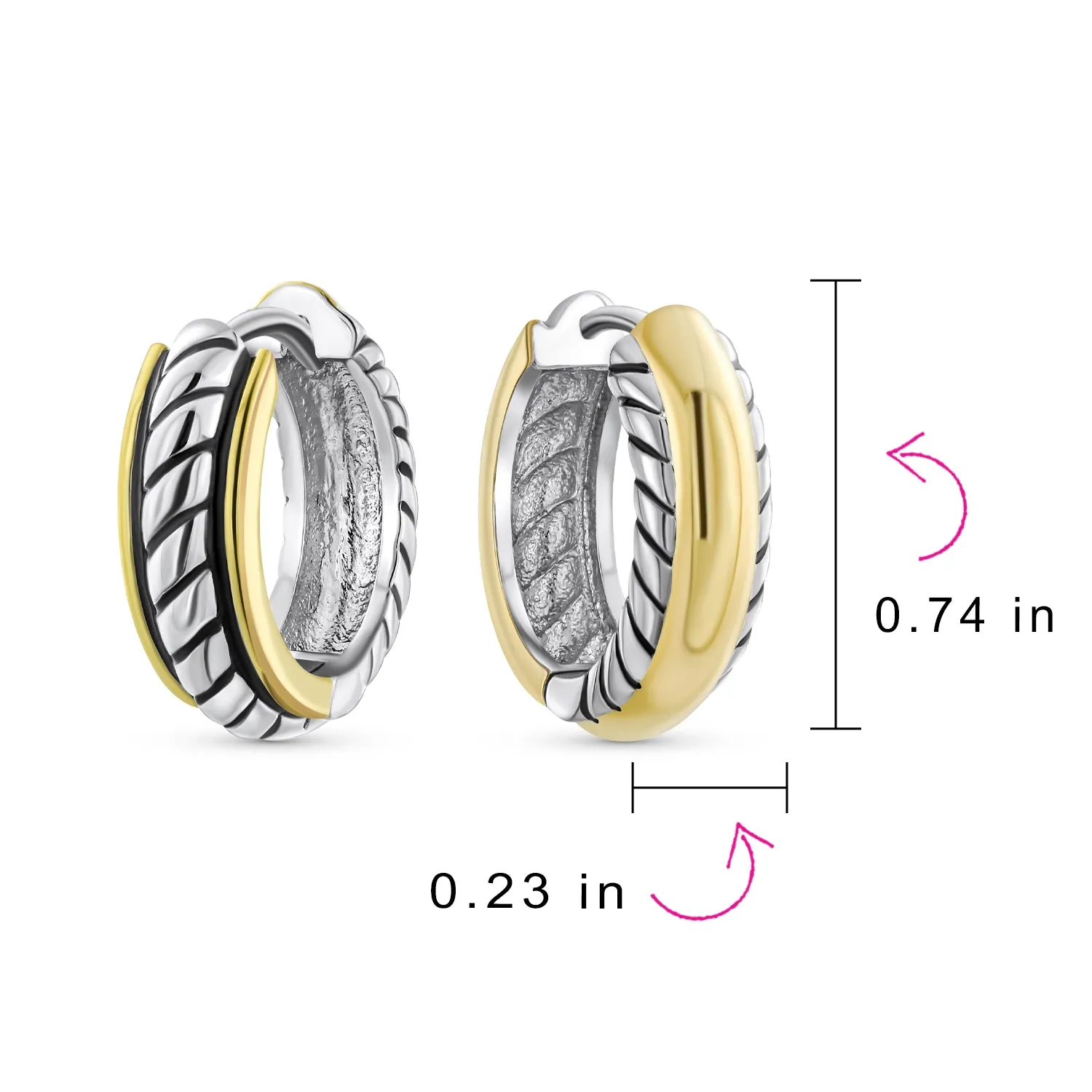 Two Tone Twist Cable Rope Hoop Huggie Earrings for Men Gold & Silver Plated