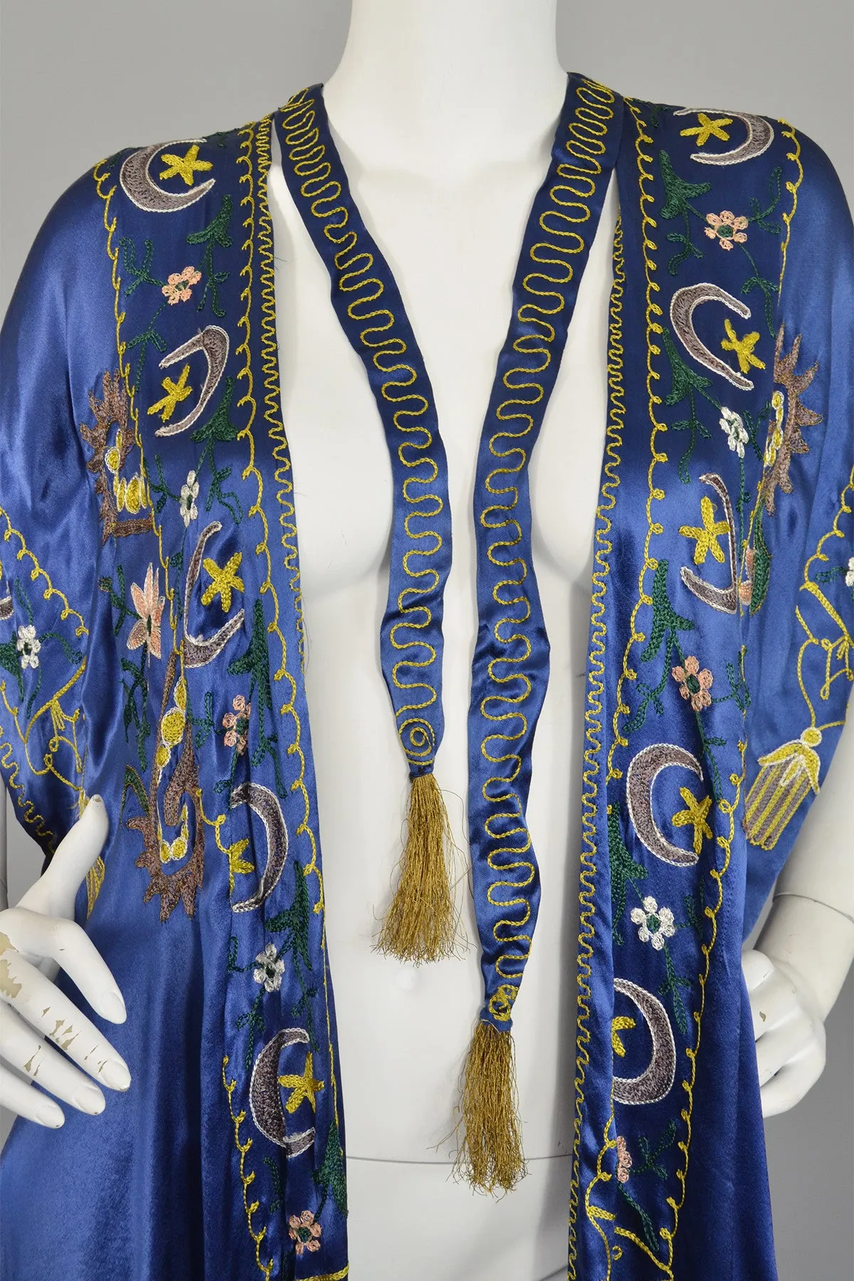 Vintage Blue Satin Embroidered Tassels Duster Maxi Vest