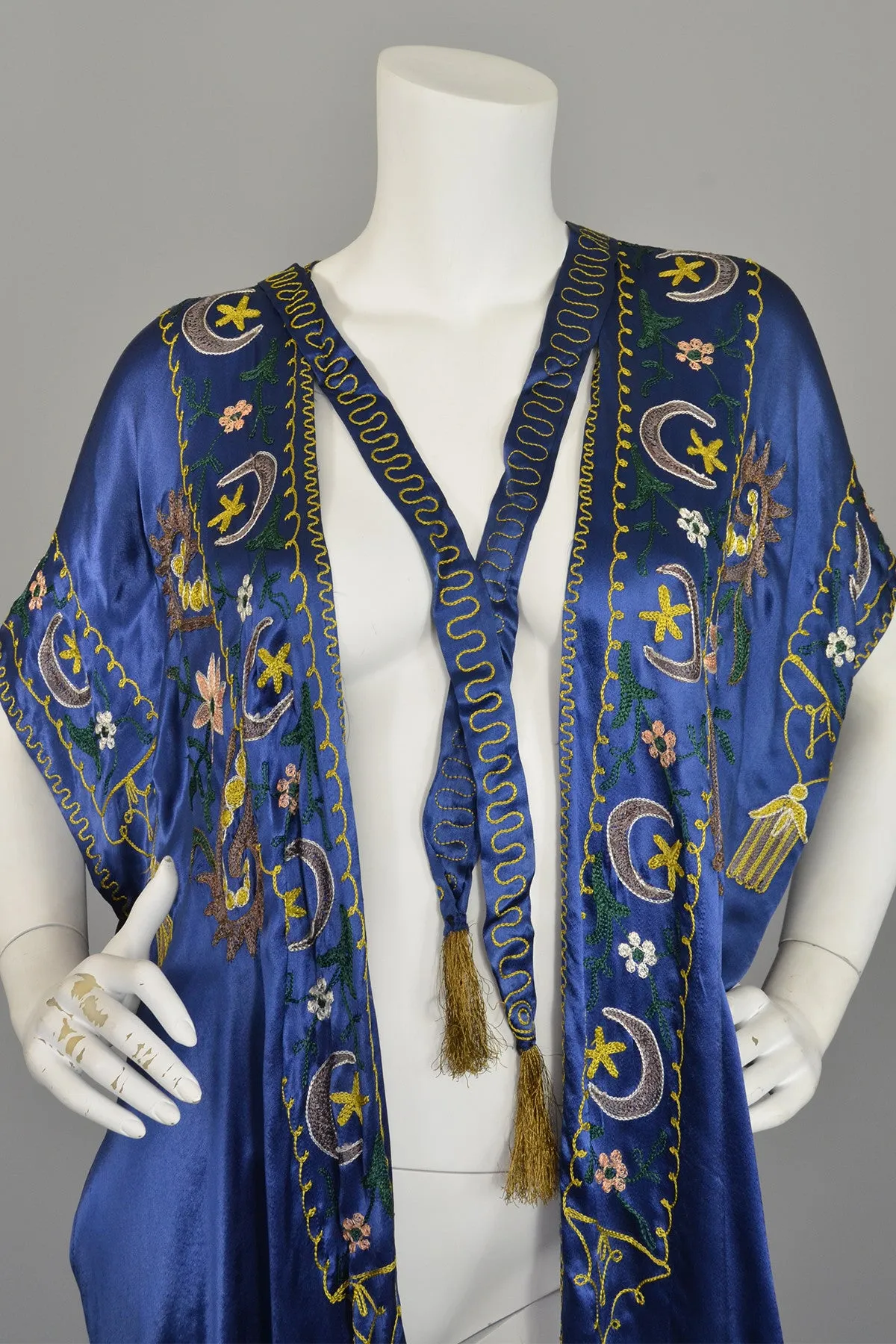 Vintage Blue Satin Embroidered Tassels Duster Maxi Vest