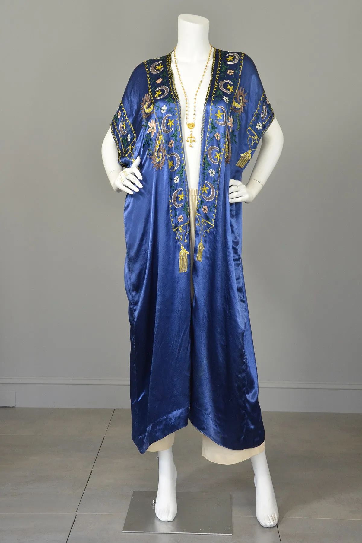 Vintage Blue Satin Embroidered Tassels Duster Maxi Vest