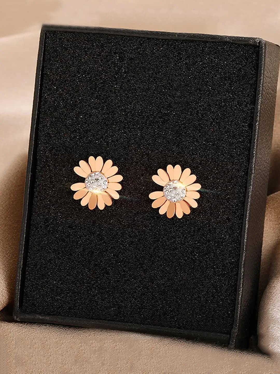 Yellow Chimes Stud Earrings for Women Western Rose Gold Plated Stainless Steel White Stone-Studded Floral Studs Earrings For Women and Girls