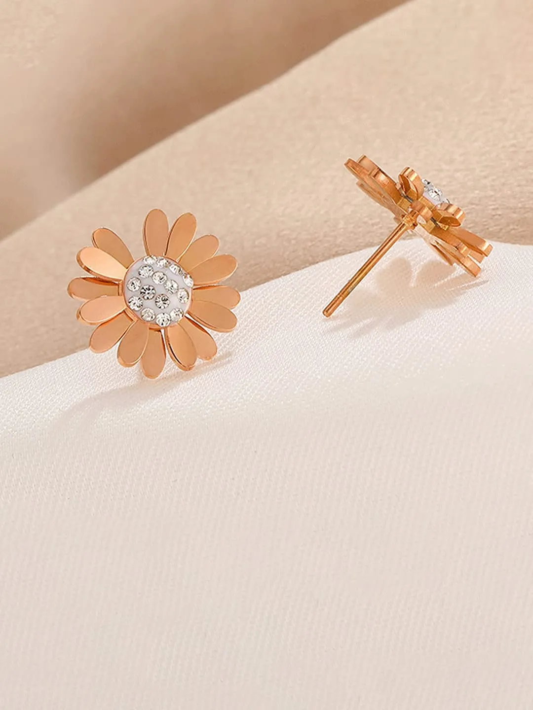 Yellow Chimes Stud Earrings for Women Western Rose Gold Plated Stainless Steel White Stone-Studded Floral Studs Earrings For Women and Girls